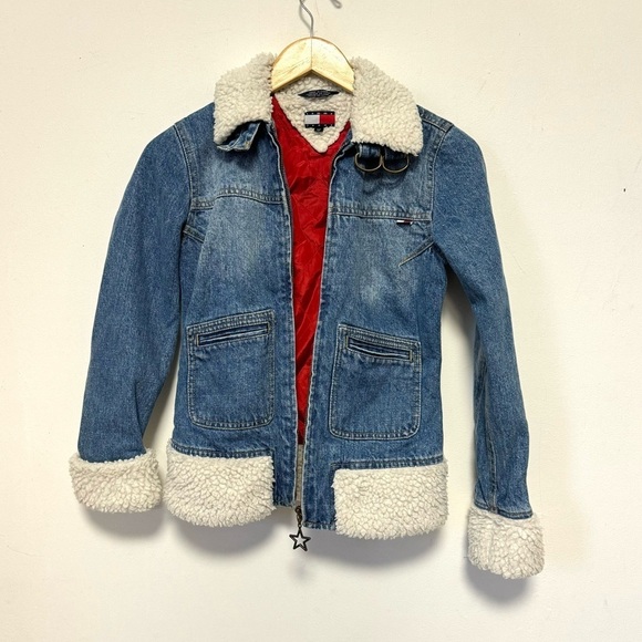 Vintage Y2K Tommy Jeans Hilfiger Denim Faux Sherpa Jacket Blue Jean Retro XS - Picture 8 of 9
